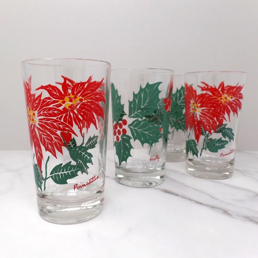 Vintage Christmas Glasses: Poinsettia & Holly - Set of 4 (1960s)
